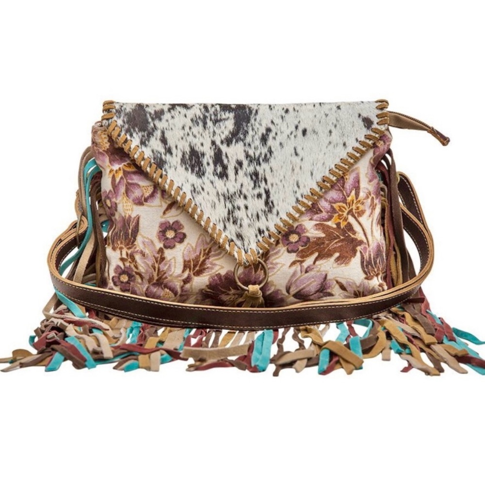 MYRA Altres Small Floral Crossbody Bag Boho Fringe Canvas Hairon Leather Purse